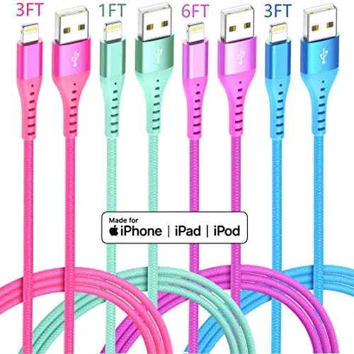 Lightning Cable iPhone Charger 4Color 4Pack(6/3/3/1ft) Apple MFi Certified Unbreakable Fast USB Charging Cord Compatible for iPhone11Pro MAX Xs XR X 8 7 6S Plus SE 5S 5C (Red Green Purple Blue)
