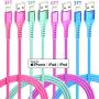 Lightning Cable iPhone Charger 4Color 4Pack(6/3/3/1ft) Apple MFi Certified Unbreakable Fast USB Charging Cord Compatible for iPhone11Pro MAX Xs XR X 8 7 6S Plus SE 5S 5C (Red Green Purple Blue)
