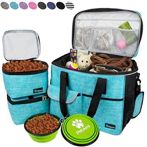 PetAmi Dog Travel Bag | Airline Approved Tote Organizer with Multi-Function Pockets, Food Container Bag and Collapsible Bowl | Perfect Weekend Pet Travel Set for Dog, Cat