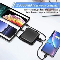 Portable Charger with AC Plug, 15000mAh Portable Phone Charger, 18W PD QC3.0 USB C Power Bank 4 Output 2 Input, External Battery Pack Phone Charger Built-in Type-C 2 Cables Compatible for iPhone etc