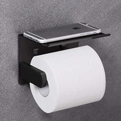 VAEHOLD Self Adhesive Toilet Paper Holder with Phone Shelf SUS 304 Stainless Steel Wall Mounted Toilet Paper Roll Holder - Rustproof and Bathroom Washroom Tissue Roll Holder with Shelf - Black