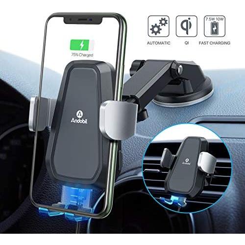 Andobil Automatic Wireless Car Charger Mount, Qi Safer Fast Charging 10W/7.5W Car Phone Holder Charger for Air Vent & Dash, Compatible iPhone 11 Series/SE/XS/XR/8, Samsung Galaxy S20/S10/S9/Note 10/9
