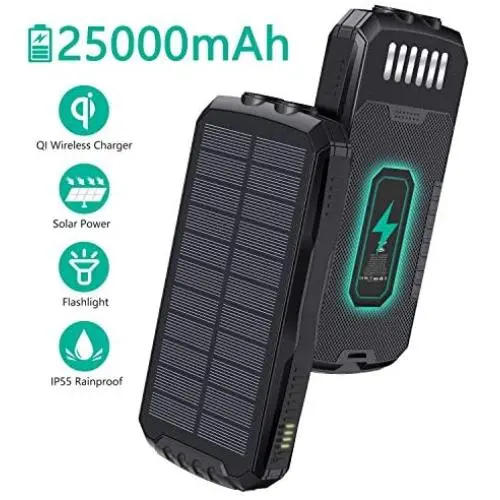 Solar Charger 25000mAh, Solar Power Bank with Qi Wireless Charger and 2-USB Outputs & 2 Inputs, Portable External Battery Pack with Flashlight for Camping Outdoor Solar Charger 25000mAh, Solar Power Bank with Qi Wireless Charger and 2-USB Outputs & 2 Inputs, Portable External Battery Pack with Flashlight for Camping Outdoor