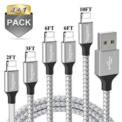 Phone Charger Cable Silver with Highspeed - Sagmoc Shiny USB Charging Cord Nylon Braided【5 Pack】10FT 2X6FT 3FT 2FT Compatible with XS/XS MAX/XR/X/8/8Plus/7/7Plus/6/6Plus/6s/6sPlus/5/5s/AIR/PRO and Mor