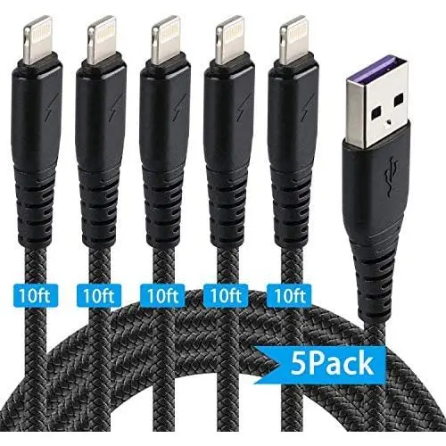 5 Pack iPhone Charger Cable 10 Foot, Black 10 ft Long iPhone Charger/ 10 Feet Fast Charger Lightning Cable with iPhone 11/ Xs max/xr/x/8/8 Plus/7/7 Plus/6/6s Plus/5s/5 5 Pack iPhone Charger Cable 10 Foot, Black 10 ft Long iPhone Charger/ 10 Feet Fast Charger Lightning Cable with iPhone 11/ Xs max/xr/x/8/8 Plus/7/7 Plus/6/6s Plus/5s/5