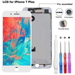 Screen Replacement Compatible for iPhone 7 Plus White 5.5 Inch, LCD Display 3D Touch Digitizer Full Assembly with Proximity Sensor + Front Facing Camera + Earpiece Speaker + Repair Tools Kit