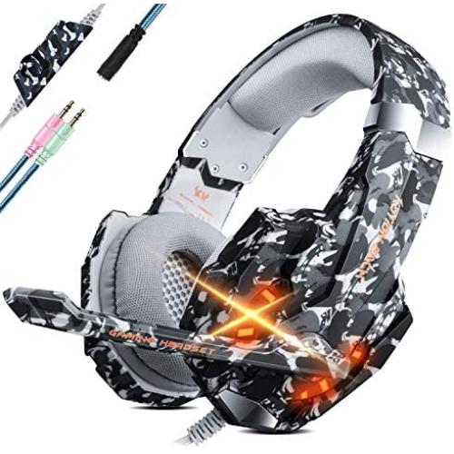 Unisun PS4 Headset Gaming Headphone for PC with Microphone 3.5mm Jack Splitter Stereo Sound Breathing RGB Light Adjustable Mic for Xbox One Mac Laptop PC Mobile