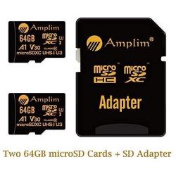 Amplim 2-Pack 64GB Micro SD Card Plus Adapter Pack 2X MicroSD SDXC Card 100MB/s V30 A1 U3 C10 UHS-I 4K Video MicroSDXC Memory Card Nintendo GoPro Camera Galaxy LG Moto Canon Nikon DJI Fire Dashcam