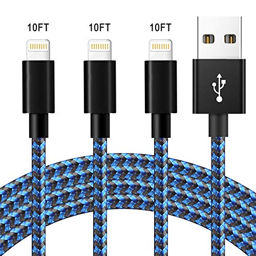 iPhone Charger 3Pack 10 FT Lightning Cable Nylon Braided Charging Cord Compatible with iPhone 11/XS/XR/X/8/7/6/SE/5/iPad,BlueBlack