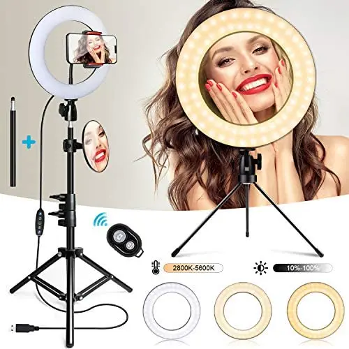 TUKTOBE 10" Ring Light with Tripod Stand & Phone Holder, Dimmable LED Selfie Light for Live Stream Video/YouTube Video/Makeup, Ring Light with Stand Compatible with iPhone Android (Upgraded) TUKTOBE 10" Ring Light with Tripod Stand & Phone Holder, Dimmable LED Selfie Light for Live Stream Video/YouTube Video/Makeup, Ring Light with Stand Compatible with iPhone Android (Upgraded)