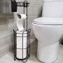 FORUP Freestanding Metal Toilet Paper Roll Holder Stand and Dispenser with Storage Shelf for Cell, Mobile Phone, 4 Raised Feet Bathroom Storage Shelf Organization, Bronze