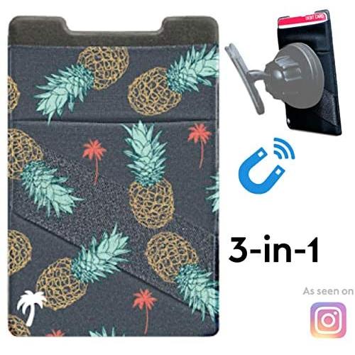 New 3-in-1 Stick On Wallet for Any Phone Case | Unique: Spandex + Mounts to Magnets + Double-Pocket + Finger Strap + RFID Block – Strong 3M Sticky + Magnetic (Pineapple Express, 1 Pack)