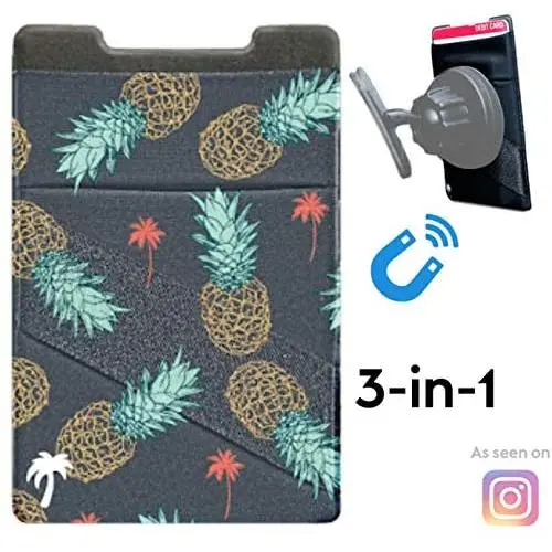 New 3-in-1 Stick On Wallet for Any Phone Case | Unique: Spandex + Mounts to Magnets + Double-Pocket + Finger Strap + RFID Block – Strong 3M Sticky + Magnetic (Pineapple Express, 1 Pack)