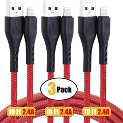 CyvenSmart 10 ft iPhone Charger Certified Lightning Cable 10 Foot,3 Pack, Red, Extra Long Nylon Braided Charging&Syncing Cord Compatible with iPhone Xs/XR/XS Max/X/7/7Plus/8/8Plus/6S/6S Plus/5