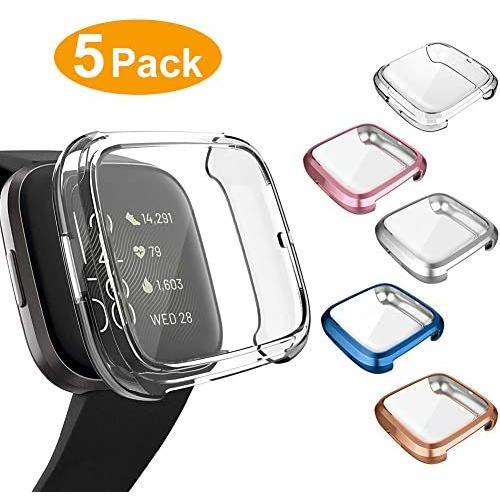 5 Packs Screen Protector Compatible Fitbit Versa 2 Case, GHIJKL Ultra-Thin Slim Soft TPU Protective Rugged Case All-Around Bumper Shell for Fitbit Versa 2, Clear/Silver/Pink/Rose Gold/Blue