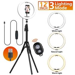 12" LED Selfie Ring Light with Tripod Stand & Cell Phone Holder for Live Streaming/YouTube Video/Vlogs, Dimmable Makeup Ring Light for Photography, Shooting with 10 Brightness Level & 3 Light Modes