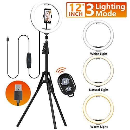 12" LED Selfie Ring Light with Tripod Stand & Cell Phone Holder for Live Streaming/YouTube Video/Vlogs, Dimmable Makeup Ring Light for Photography, Shooting with 10 Brightness Level & 3 Light Modes