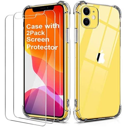 BELONGME Compatible with iPhone 11 Case 2019,Tempered Glass Screen Protector [2Pack] with Shockproof Crystal Clear Case for iPhone 11 6.1 inch.
