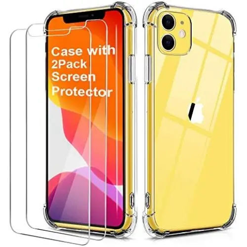 BELONGME Compatible with iPhone 11 Case 2019,Tempered Glass Screen Protector [2Pack] with Shockproof Crystal Clear Case for iPhone 11 6.1 inch.