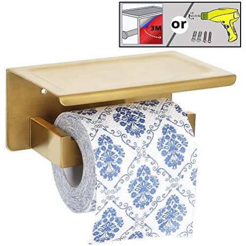 Alise GYT5000-G Toilet Paper Holder Tissue Holders Paper Storage with Mobile Phone Storage Shelf,Self-Adhesive or Wall Drilling,SUS304 Stainless Steel Brushed Golden Finish