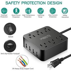 Power Strip with USB, MIBOTE 6 AC Outlet with 4 Port USB Surge Protector Power Strip Charger 5ft Power Cord 1875W 100-240V for Travel, TV, Computer, Transformers, Power Bank