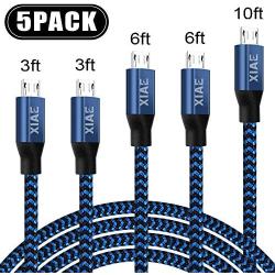 Micro USB Cable,XIAE 5Pack (3/3/6/6/10FT) Nylon Braided Fast Charging Cable Aluminum Housing USB Charger Android Cable for Samsung Galaxy S7 Edge S6 S5,Android Phone,LG G4,HTC and More-Black&Blue