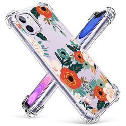 GVIEWIN iPhone 11 Case, Clear Flower Design Soft & Flexible TPU Ultra-Thin Shockproof Transparent Bumper Protective Floral Cover Case for iPhone 11 6.1 Inch 2019,Flowering/Reseda Green