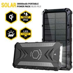 Solar Power Bank 30000mAh, Movic Solar Qi Wireless Charger, Outputs 5V/3A High-Speed & 2 Inputs Huge Capacity Phone Charger for Smartphones, IP67 Rating, Strong Light LED Flashlights (Black)