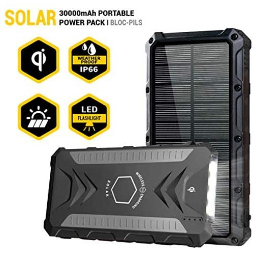 Solar Power Bank 30000mAh, Movic Solar Qi Wireless Charger, Outputs 5V/3A High-Speed & 2 Inputs Huge Capacity Phone Charger for Smartphones, IP67 Rating, Strong Light LED Flashlights (Black)