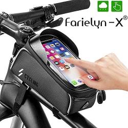 Farielyn-X Bike Phone Front Frame Bag-Waterproof Bicycle Top Tube Cycling Phone Mount Pack with Touch Screen Sun Visor Large Capacity Phone Case for Cellphone Below 6.5’’ iPhone 7 8 Plus xs max