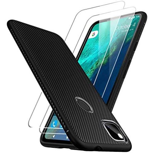 Thinkart Google Pixel 4a Case,Pixel 4A Case with Tempered Glass Screen Protector [ Two Packs ] Resistant Anti Slip Grippy Soft TPU Case for Google Pixel 4A Phone (Black)