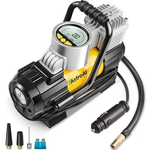 AstroAI Portable Air Compressor Pump, Digital Tire Inflator 12V DC Electric Gauge with Larger Air Flow 35L/Min, LED Light, Overheat Protection, Extra Nozzle Adaptors and Fuse, Yellow