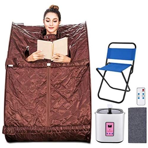 Aceshin Portable Steam Sauna Home Spa, 2L Personal Therapeutic Sauna Weight Loss Slimming Detox with Foldable Chair, Remote Control, Timer (Brown)