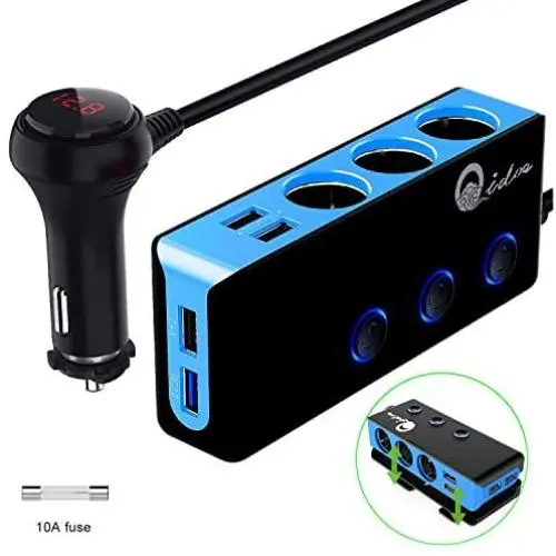 3-Socket Cigarette Lighter Quick Charge 3.0, Qidoe 120W 12V/24V Car Splitter and Three 2.4A USB Car Charger & LED Voltmeter Power Switch for GPS, Dash Cam, Sat Nav, Phone, iPad, Tablet (Blue) 3-Socket Cigarette Lighter Quick Charge 3.0, Qidoe 120W 12V/24V Car Splitter and Three 2.4A USB Car Charger & LED Voltmeter Power Switch for GPS, Dash Cam, Sat Nav, Phone, iPad, Tablet (Blue)