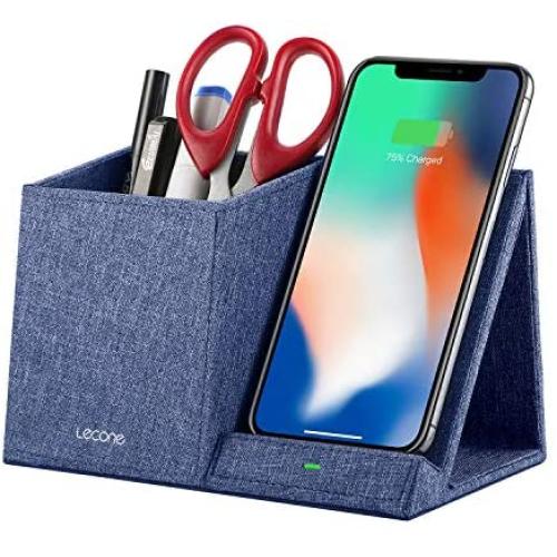 Lecone 10W Fast Wireless Charger with Desk Organizer Qi Certified Fabric Induction Charger Stand Pen Pencil Holder Compatible iPhone Xs MAX/XR/XS/X/8/8 Plus, Samsung S10/S9/S9+/S8/S8+/Note 10, Black