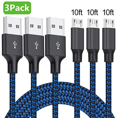 Micro USB Cable, 3Pack 10FT Android Charger Cable Long Nylon Braided Sync and Fast Charging Cord Compatible with Galaxy S7 S6 Edge, Kindle, Android Smartphones, Tablets and More Micro USB Cable, 3Pack 10FT Android Charger Cable Long Nylon Braided Sync and Fast Charging Cord Compatible with Galaxy S7 S6 Edge, Kindle, Android Smartphones, Tablets and More