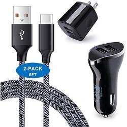 AndHot Type C Charger Compatible with Samsung S10 S9 S8 Note 10 9 8 A50 A20 A10E, LG G8 G7 ThinQ, Google Pixel 4 3a 3 2 XL, Dual USB Car Charger+Wall Charger Block+2Pack 6FT USB C Fast Charging Cables