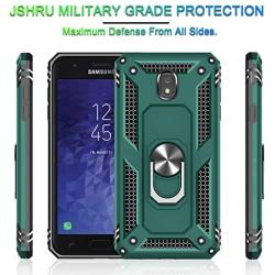 Galaxy J7 2018/J7 Aero/J7 Top/J7 Crown/J7 Aura/J7 Refine/J7 Eon Case with Tempered Glass Screen Protector [2Pack], Jshru Ring Car Mount Kickstand Phone Case for Samsung J7 Star Midnight Green