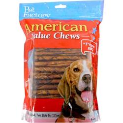 Pet Factory American Beefhide Chews 28359 Beef Flavored 5" Twist Sticks for Dogs. American Beefhide is a Great Source for Protein and Assists in Dental Health. 100 Pack, Resealable Package