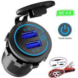 Quick Charge 3.0 Dual USB Charger Socket, Waterproof 12V/24V QC3.0 Dual USB Fast Charger Socket Power Outlet with Touch Switch for Car, Marine, Boat, Motorcycle, Truck and More