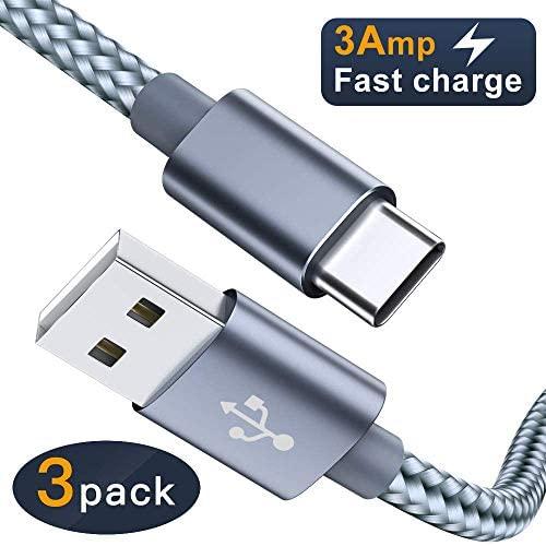 USB Type C Cable OULUOQI USB C Cable 3 Pack(6ft) Nylon Braided Fast Charging Cord(USB 2.0) Compatible with Samsung Galaxy S10 S9 Note 9 8 S8 Plus,LG V30 V20 G6 G5,Google Pixel(Grey)