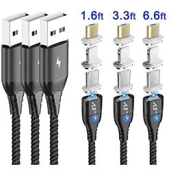 A.S 3 in 1 Magnetic USB Cable, Fast Charging & Data Sync Cable with Diamond Led, Compatible with Micro USB I-Product and Type C Smartphones (1.6ft,3.3ft,6.6ft Black)