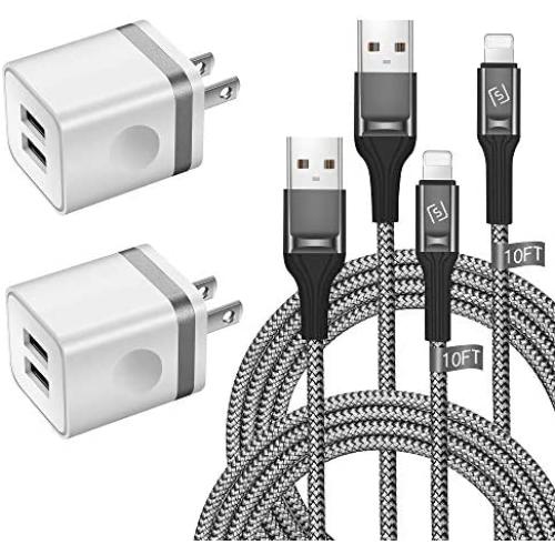 LUOBOL Phone Charger Cable 10 FT with Wall Plug, Braided Long Phone Charging Cord + Dual USB Wall Charger Block Adapter Compatible with iPhone 11/11 Pro Max/XS/XR/X/8/7/6 Plus, iPad (4-Pack)