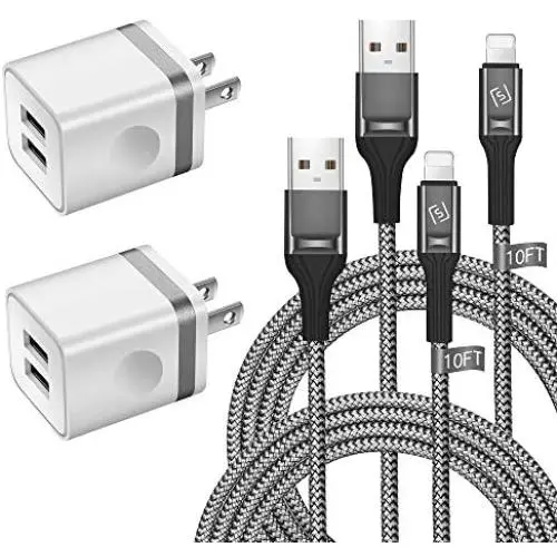 LUOBOL Phone Charger Cable 10 FT with Wall Plug, Braided Long Phone Charging Cord + Dual USB Wall Charger Block Adapter Compatible with iPhone 11/11 Pro Max/XS/XR/X/8/7/6 Plus, iPad (4-Pack)