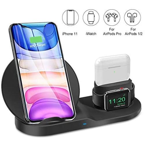 3 in 1 Wireless Charger for iPhone 11/11 pro /11 Pro Max/Xs/XS Max/XR/X / 8 /8P, Fast Wireless Charger for AirPod/AirPod 2/ AirPods Pro, Wireless Watch Charging Stand for iWatch 1/2/3/4 /5