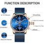 GOLDEN HOUR Mens Watches Fashion Sport Quartz Analog Black Mesh Stainless Steel Waterproof Chronograph Wrist Watch, Auto Date in Blue/Red/Gold Hands