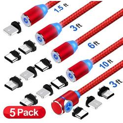 Magnetic Phone Charger Cable， 3 in 1 Cable, (3 Pack，3.3 ft Straight Cable, 3.3 ft L Shape Cable，6.6 ft L Shape Cable) (Red)