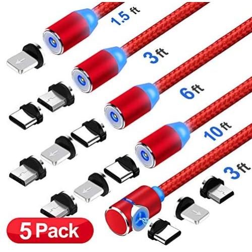 Magnetic Phone Charger Cable， 3 in 1 Cable, (3 Pack，3.3 ft Straight Cable, 3.3 ft L Shape Cable，6.6 ft L Shape Cable) (Red)