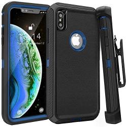 FOGEEK Case for iPhone Xs Max, Belt Clip Holster Heavy Duty Kickstand Cover [Support Wireless Charging] [Dust-Proof] [Shockproof] Compatible for Apple iPhone Xs Max [6.5 Inch] (Black/Blue)