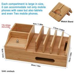 Pezin & Hulin Bamboo Charging Station, Multiple Devices Organizer for Phones,Tablet, Office Desktop Wooden Docking Stations (Include 5 x Charger Cable), Storage Box Stand for Pen, Key, Remote